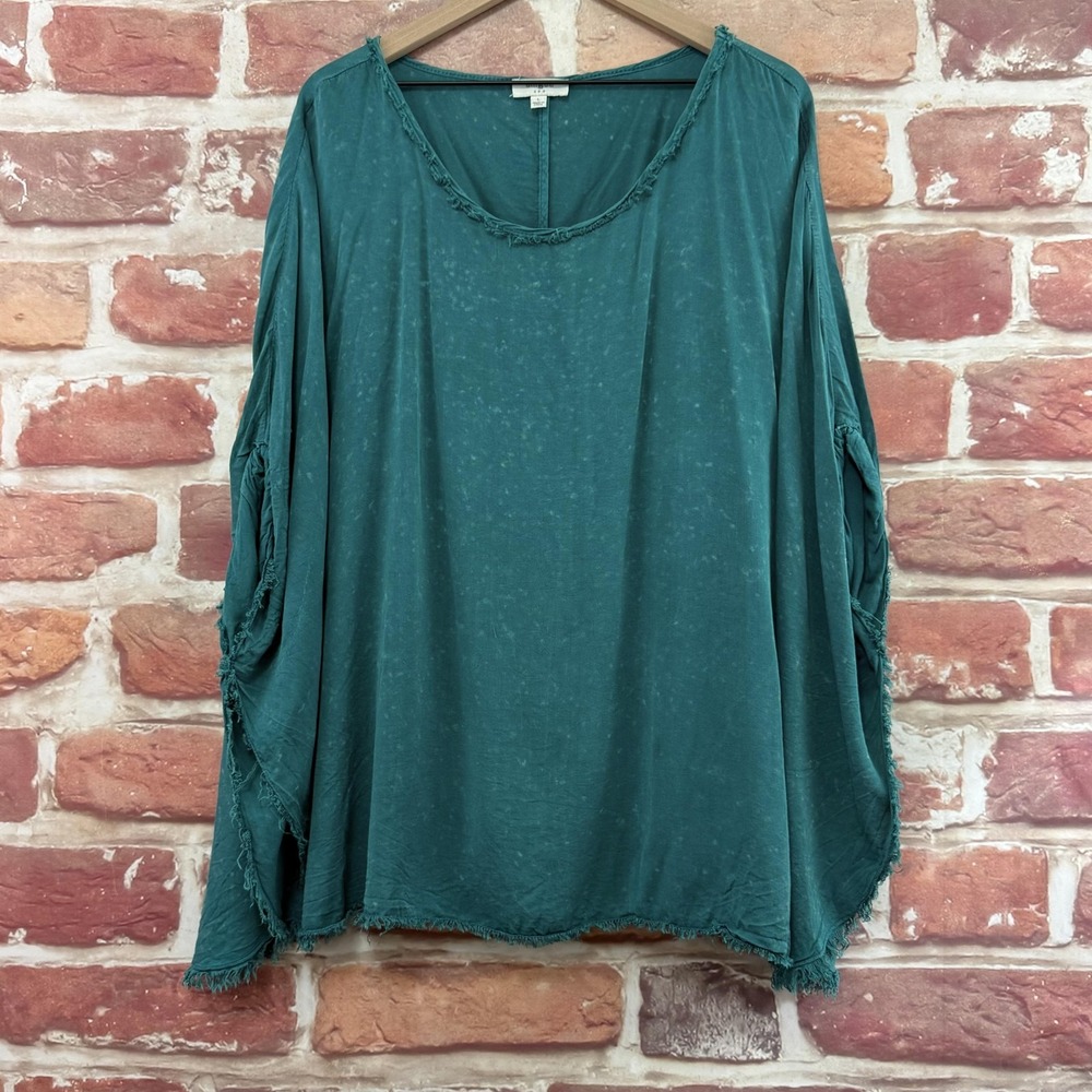Umgee Kimono Top Women's L Teal Blue Boho Distressed Bleach Splatter Faded Shirt